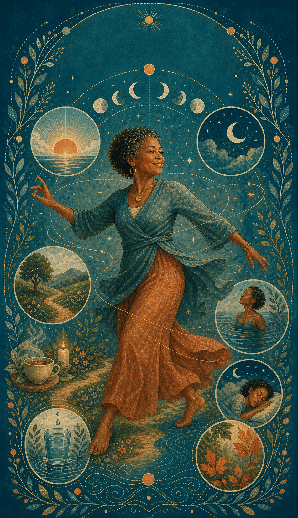 A woman moving through a day-and-night landscape of restorative rituals.