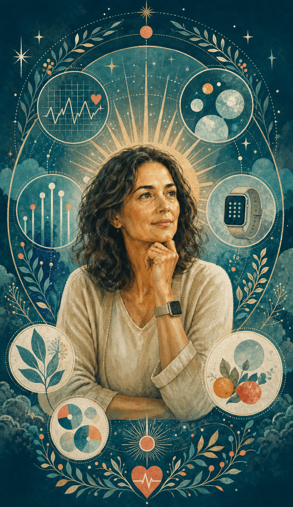 A woman studying health signals among stars, plants, charts, and a watch.