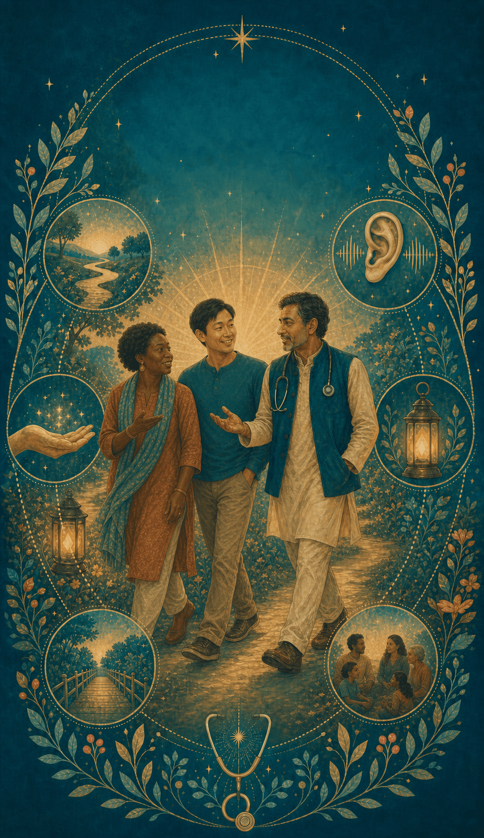 A diverse group of health guides walking together along a lantern-lit path.